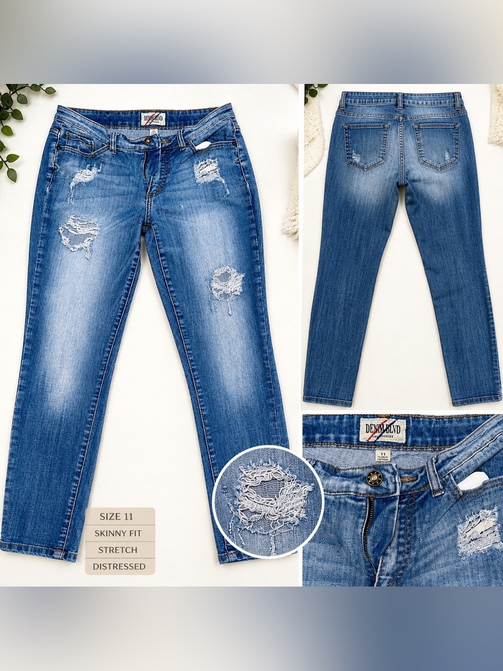 Distressed Skinny Jeans Women Size 11 Medium Wash Ripped Stretch Denim